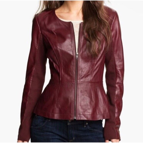 Hinge Jackets & Blazers - Hinge Leather Peplum Zip Jacket S Burgundy Red Witchy Preppy Mob Wife Capsule